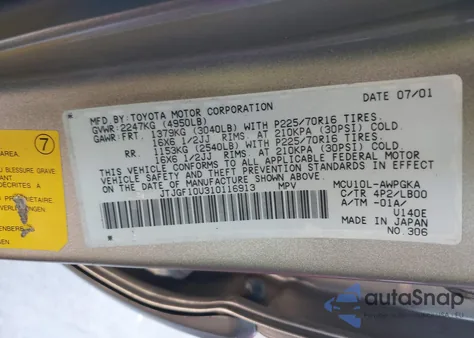 2001 Lexus Rx 300 from USA, damaged, VIN JTJGF10U310116913